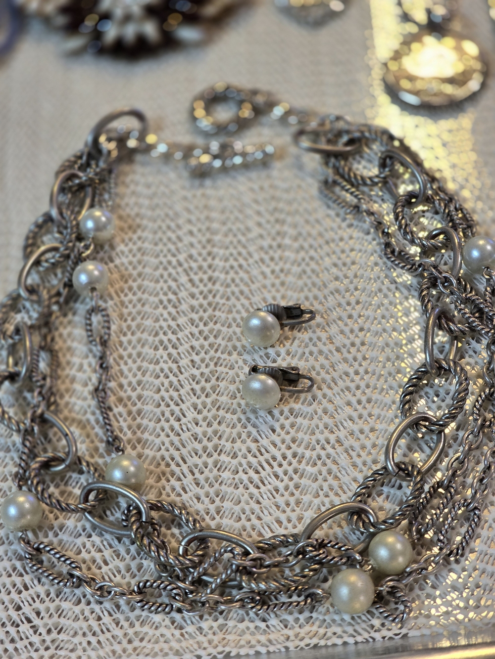 Silver Multi-Chain Pearl Necklace with Pearl Clip Earrings